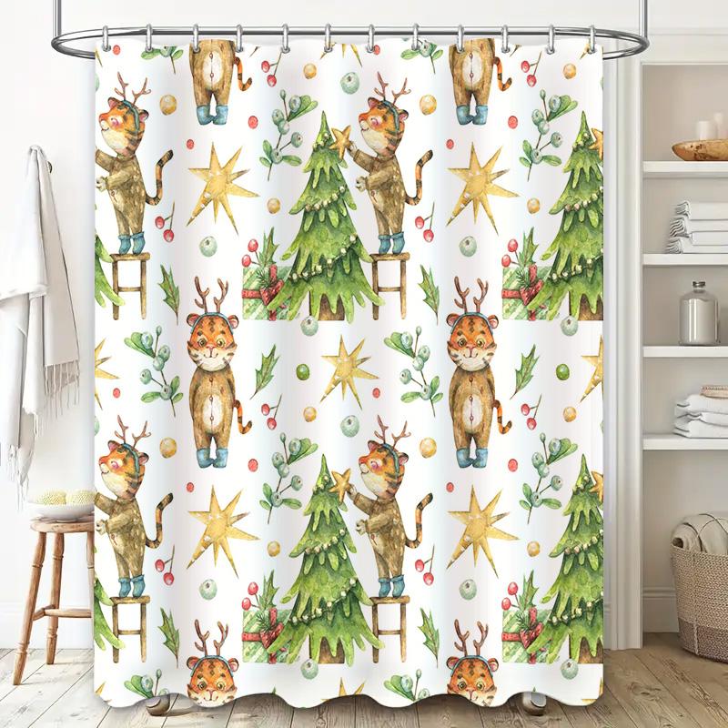 Watercolor Christmas Shower Curtain Festive Animal Print Decor For Bathroom Reindeer Trees Vivid Colors Eco-Friendly Fabric Mate