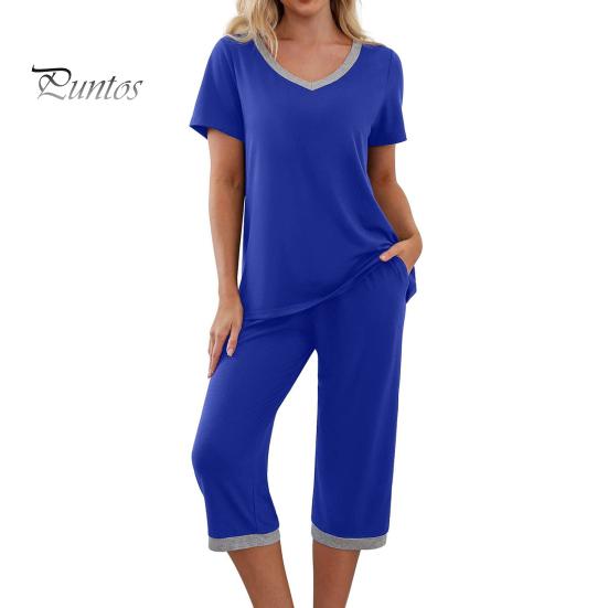 

Женский пижамный комплект с коротким рукавом, V-образным вырезом и широкими укороченными брюками, комплект из 2 предметов для дома, повседневная летняя одежда для сна с карманами XXXL синий