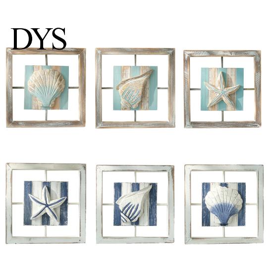 Small Beach House Ornaments 3D Conch/Starfish/Shell Wooden Frame Wall Art, Distressed Coastal Style Decoration, Seaside Theme Decorations Ocean