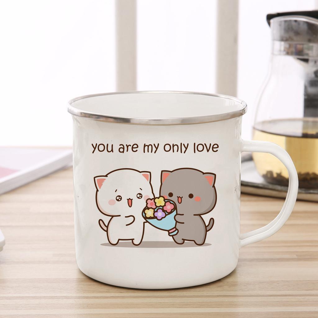 New Peach and Goma Cat Enamel Coffee Tea Cup Cute Animal Breakfast Dessert Milk Water Cup Couple Gift Original Breakfast Cups
