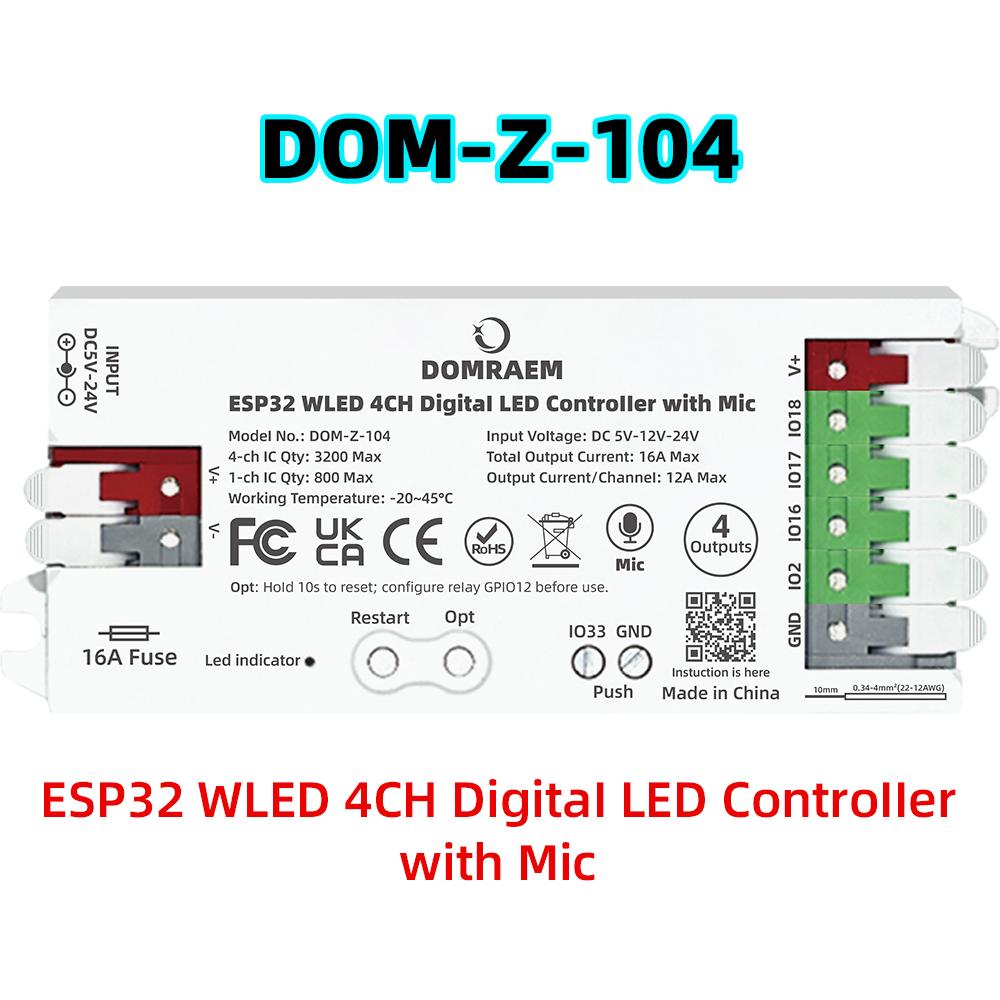 DOMRAEM ESP32 4 Output WLED Controller 16A Fuse & Level Shifter Sound Sync Compatible with WS281x Digital RGB IC LED Strip Light