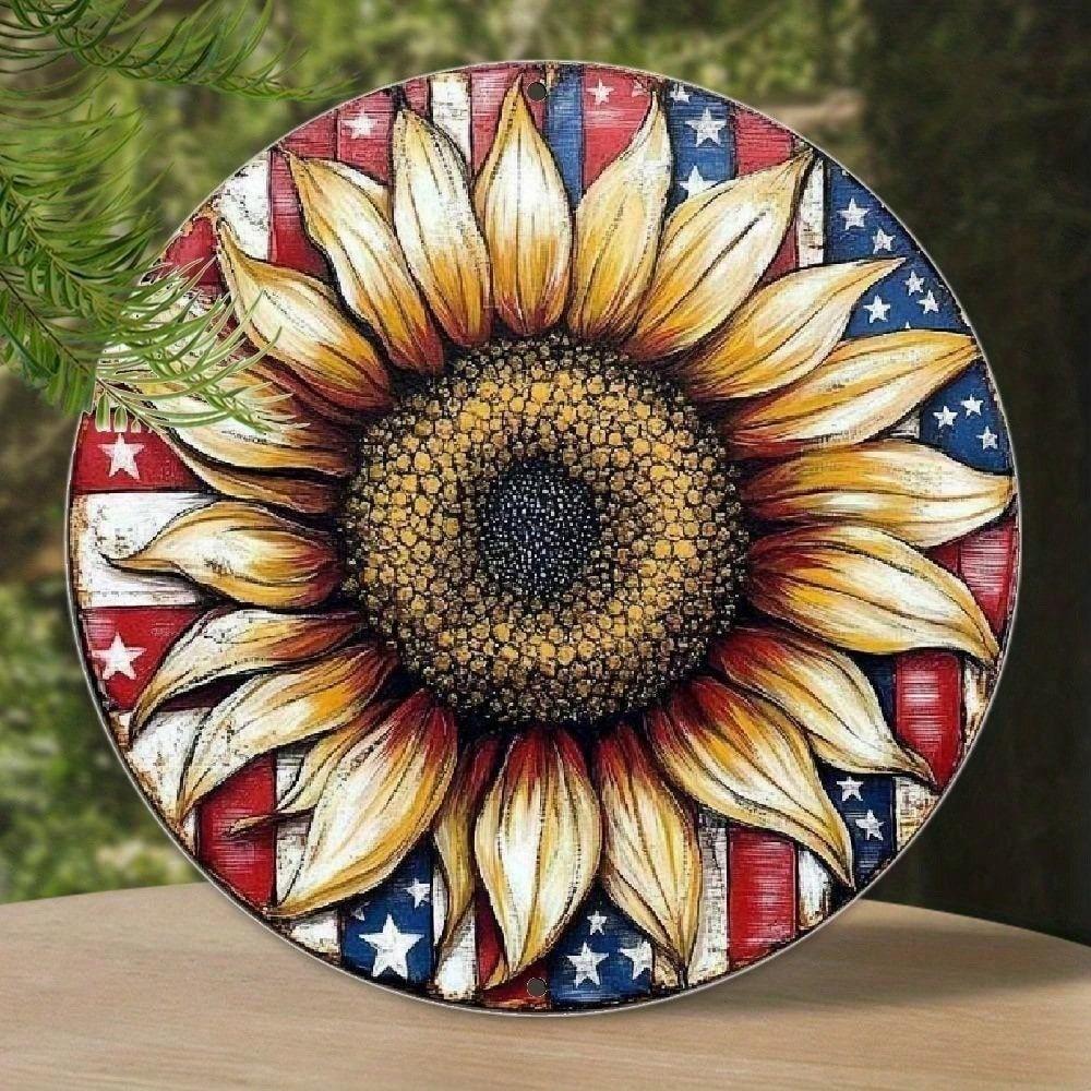 American Flag Sunflower Metal Wall Art, Rustic Round Aluminum Sign for Home Decor