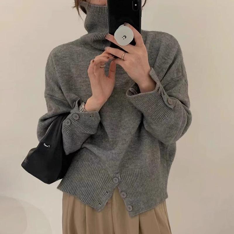 High-necked pullover sweater for women's autumn and winter new loose soft waxy lazy style long-sleeved knitted sweater top for women