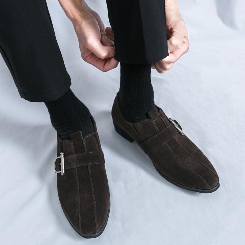 Fashion Brand Men's Pointed Suede Loafers Fashionable Korean Style Slip-on  Buckle Leather Shoes Commuting Business Casual Leather Shoes