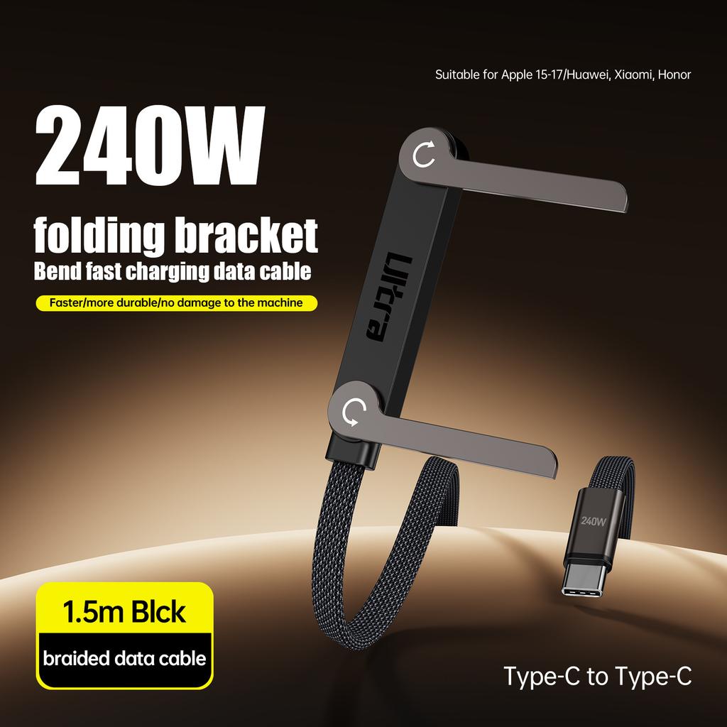 240W Super Fast Charging Cable with Foldable Stand, Compatible with Huawei Xiaomi iPhone 15/17, Nylon Braided Durable Charger Cord