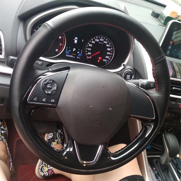 

Premium Hand-Stitched Genuine Leather Steering Wheel Cover for Mitsubishi Outlander Black Leather No Hole Black Stitch