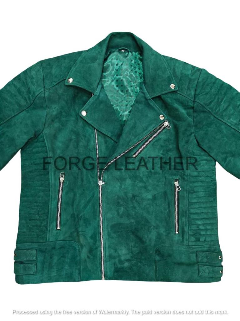 Suede Biker Motorcycle Casual Wear Handmade Men's Green Jacket Genuine Warm Soft