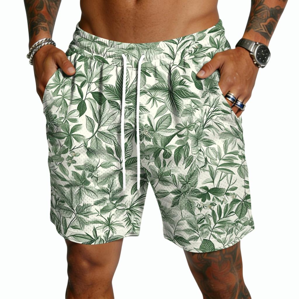 Men's Casual Drawstring Shorts Lightweight Quick Dry Five Inch Inseam Hawaiian Print Beachwear Summer Bottoms with Pockets