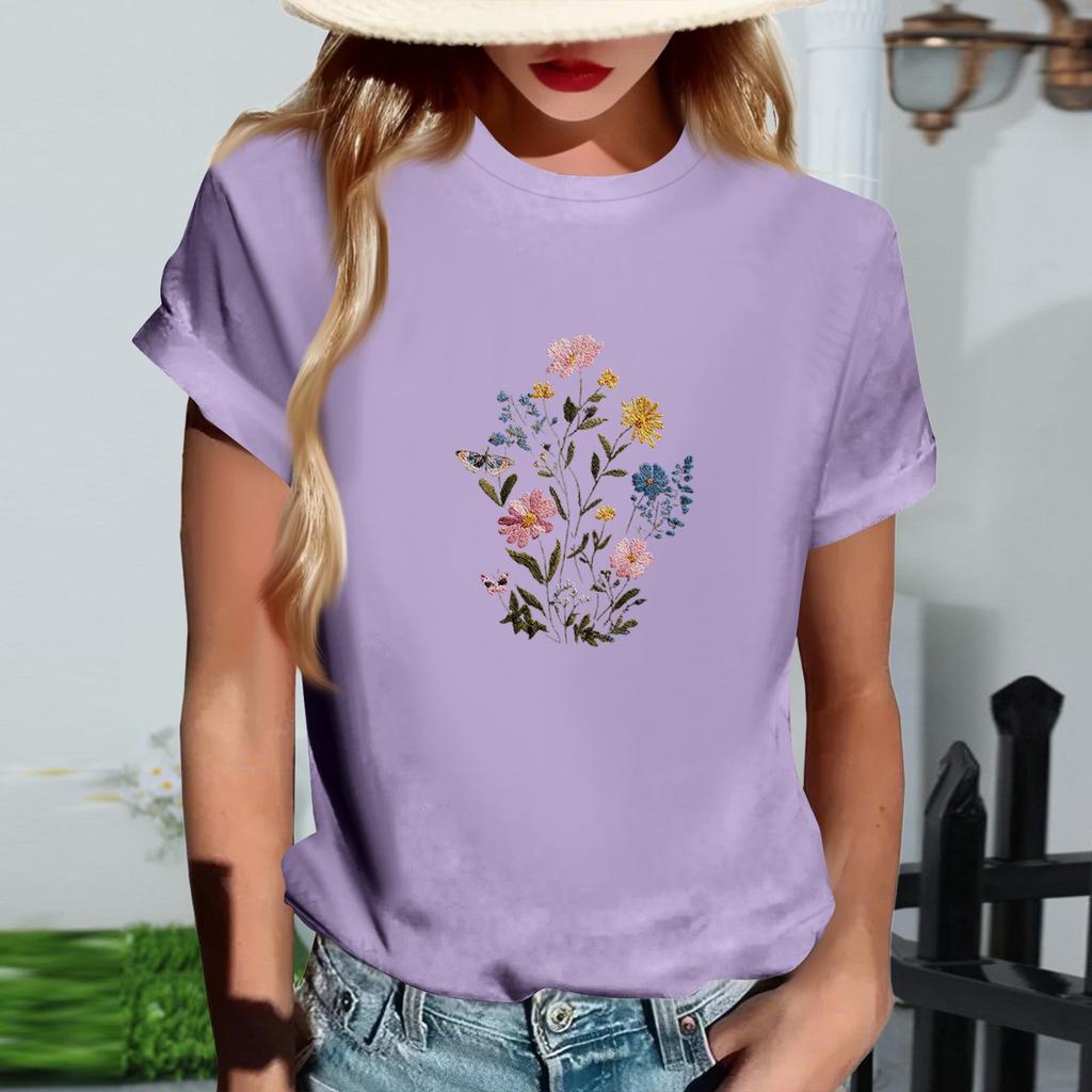 Women's Fashionable Round Neck Casual Retro Print Short Sleeved T-shirt Top