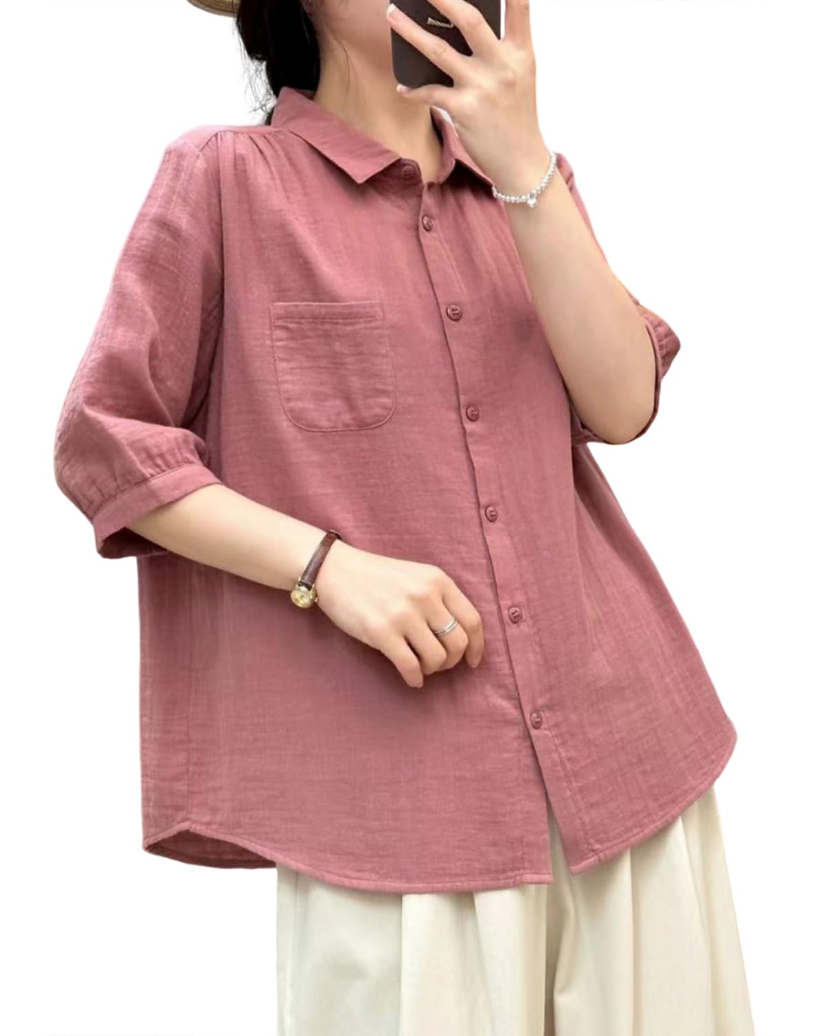 

Double Gauze Gauze Short Striped Commuting [Hanmall] Shirt, 100% Cotton, Shirt, Blouse, Women s, Shirt, Sleeve, Top, Summer, Cotton, Casual, Simple, розовый