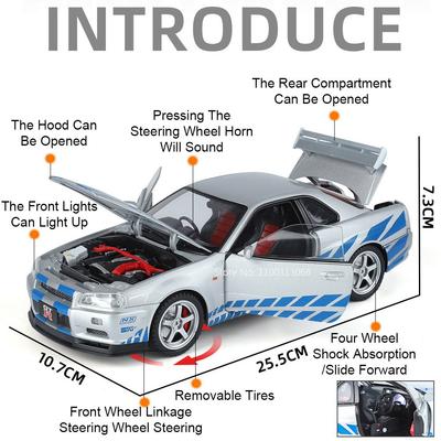 1:18 GTR SKYLINE ONE Toys Sports Cars Alloy Diecast Model Wheel Steering Miniature Vehicles Doors Opened Car for Child Gifts