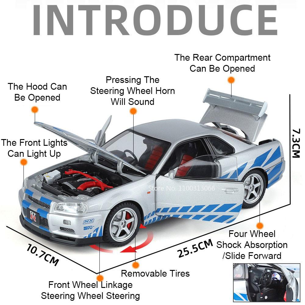 1:18 GTR SKYLINE ONE Toys Sports Cars Alloy Diecast Model Wheel Steering Miniature Vehicles Doors Opened Car for Child Gifts