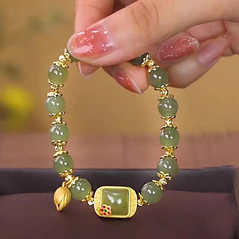 Pulseira com pingente de lótus de jade hetian estilo chinês imitação pulseira vintage com contas para mulheres joias de luxo leves presentes