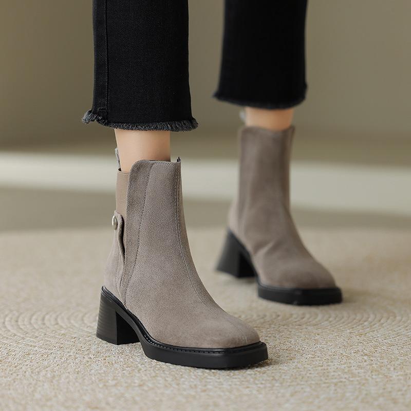Nowe szare elastyczne botki damskie proste kwadratowy nosek gruby obcas wysoki obcas botki Martin matowy zamsz botki