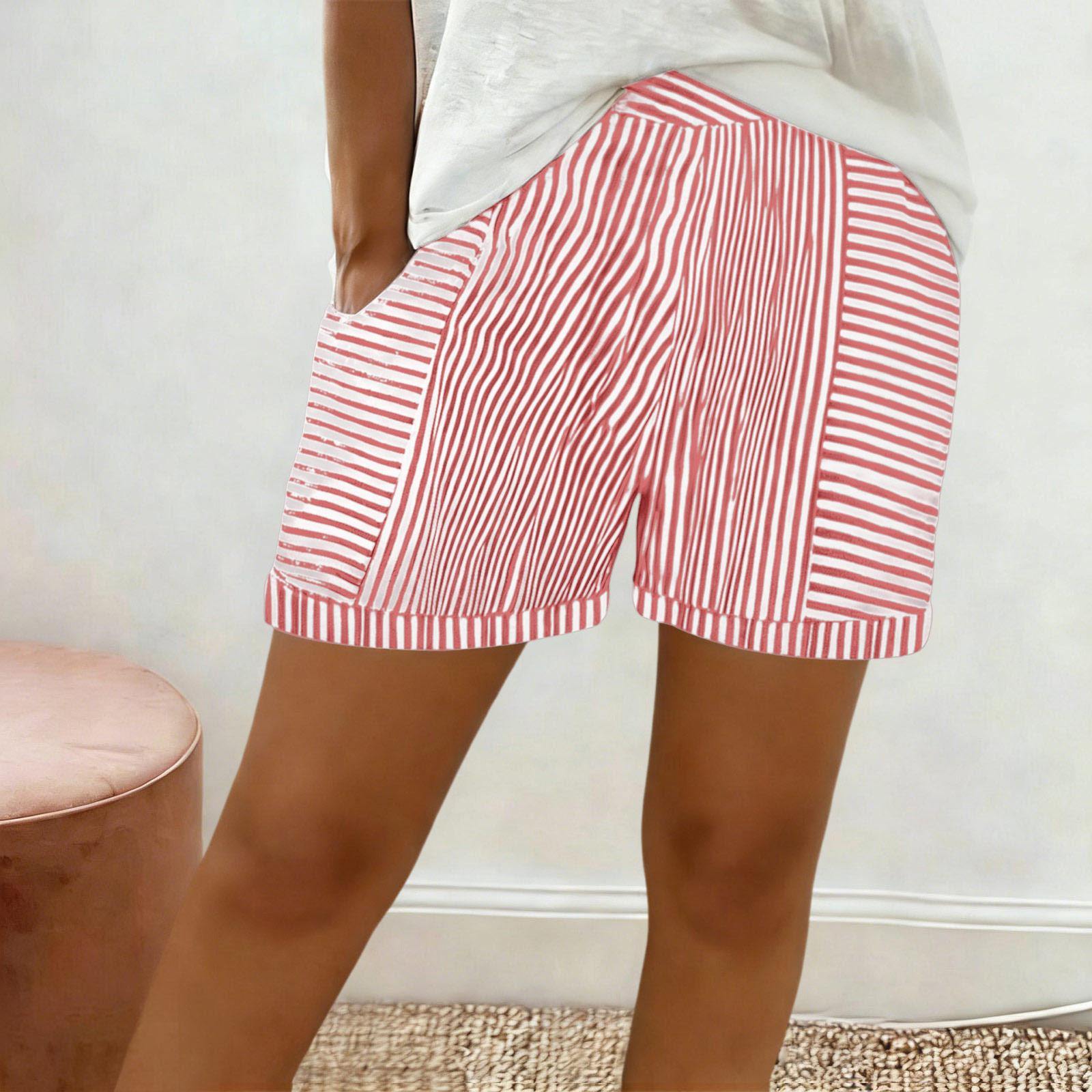

Women’s Casual Striped Print Shorts with Elastic Waistband and Side Pockets Relaxed Fit Lightweight Fabric for Daily Wear XL кавун червоний колір