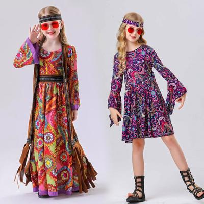 Dětský Hippie kostým 70. léta 60. léta Vintage Disko kostým Šaty Dívka Halloween Karneval Festival Párty Scénický oděv Outfit s šátkem