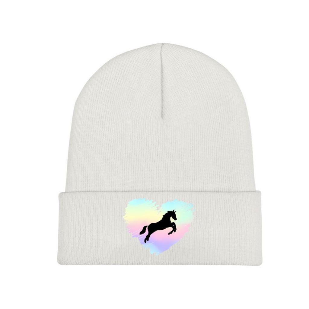 Pferdeliebhaber-Regenbogen-Herz-Strickmütze für Damen, Unisex, Skullies-Mützen, Herbst-Winter-Mützen, Hip-Hop-Kappen