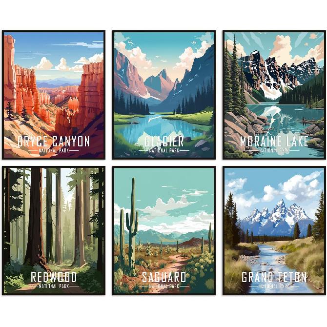 Nilem Design Retro National Park Posters Set of 9 – 8x10 Illustrated Wall Art Prints – Unframed Vintage-Style Nature Decor for Living Room,