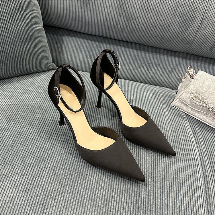 Design Sense One-word Buckle Sandals Fairy Style Pointed Head Stiletto Sandals Spring and Summer