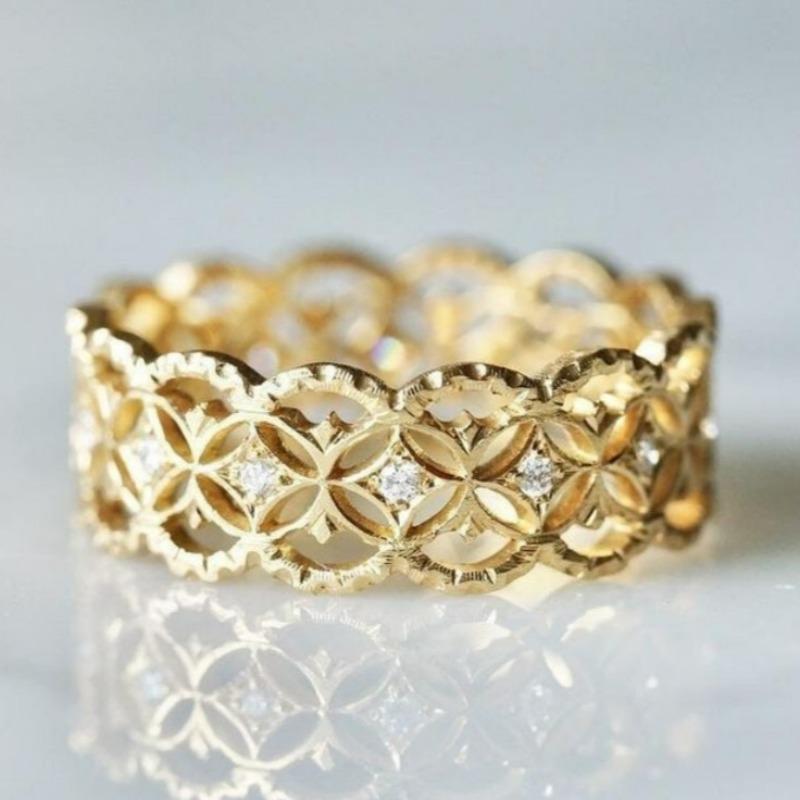 Minimalist Inlaid White CZ Women's Ring Trendy CopperColor Hand Carving Hollow Daily Wear Party Jewelry Anniversary Gift