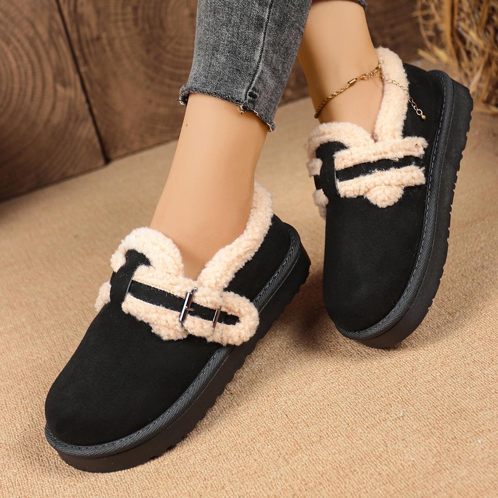 Fashion Women Boots 2025 New Fashion Faux Fur Shoes Women Thick Bottom Non Slip Ankle Boots Warm Metal Belt Buckle Snow Boots Women