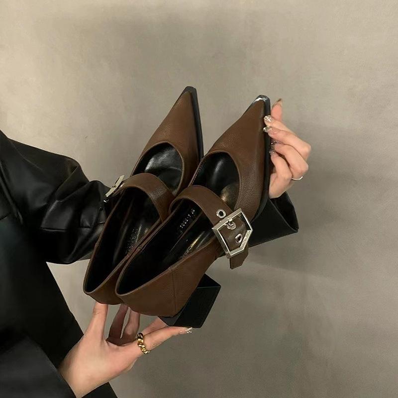 Single shoes high heels thick heel Mary women's shoes Zizhen French retro small leather shoes pointed 2025 new spring and autumn single shoes