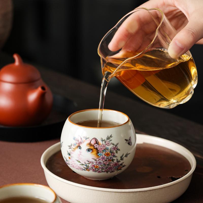 120ML Ru Kiln Persian Cat Zen Teacup Retro Master Cup Personal Cup Kungfu Tea Set Opening Can Raise Tea Ceremony