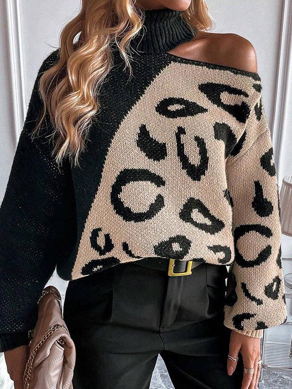 European & American Autumn Winter Leopard Print Off-Shoulder High Neck Sweater for Women