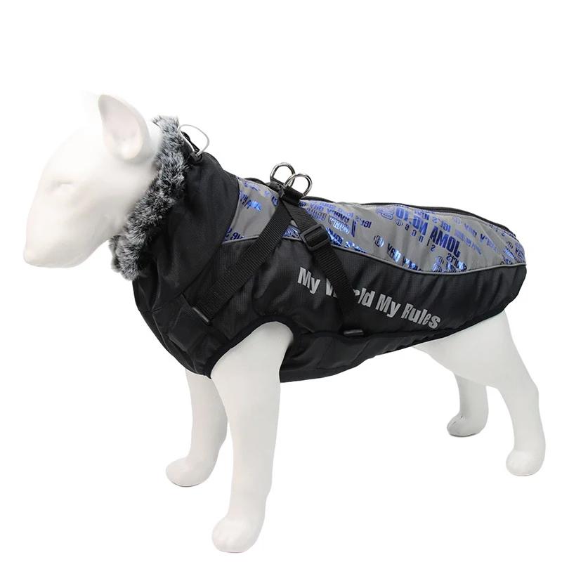 Roupas grandes à prova d'água para cães, casaco de inverno com arnês, gola peluda, quente, roupas para animais de estimação, jaqueta grande, labrador, buldogue