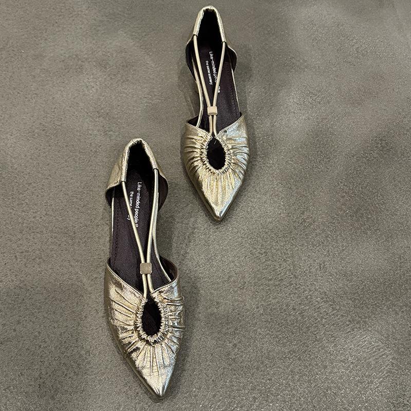 

Sheepskin version~ 2025 summer new French pointed head pleated back strap bag head sandals retro thick heel high heel women s shoes 35 золотой