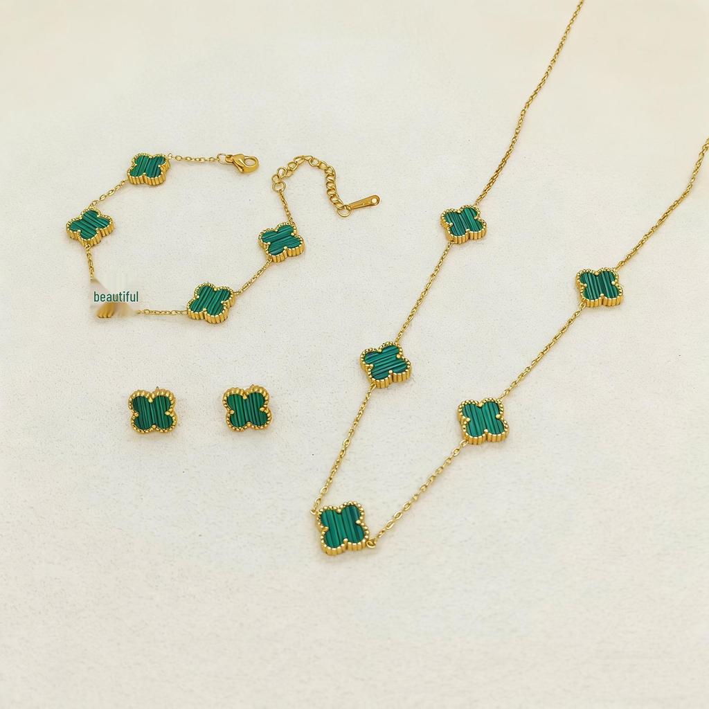 Set de Joyería de Acero de Titanio Madreperla Doble Cara Trébol de Cuatro Hojas con Pulsera, Collar y Pendientes