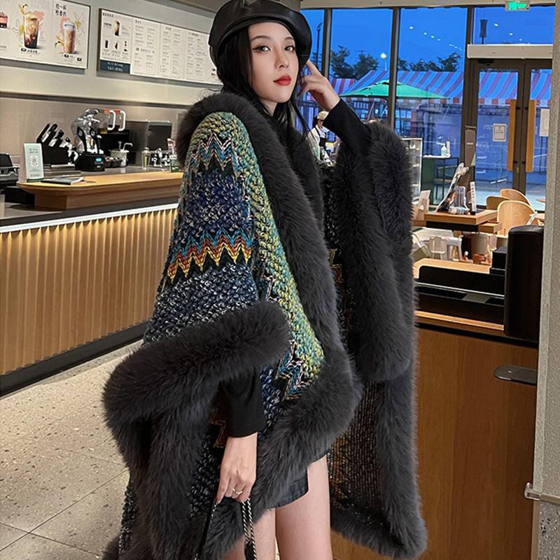 

New Faux Fur Collar Imitation Cashmere Elegant Women Scarf Winter Striped Poncho Warm Thick Wrap Capa Para Mujer Pashmina Shawl One Size& 8Y