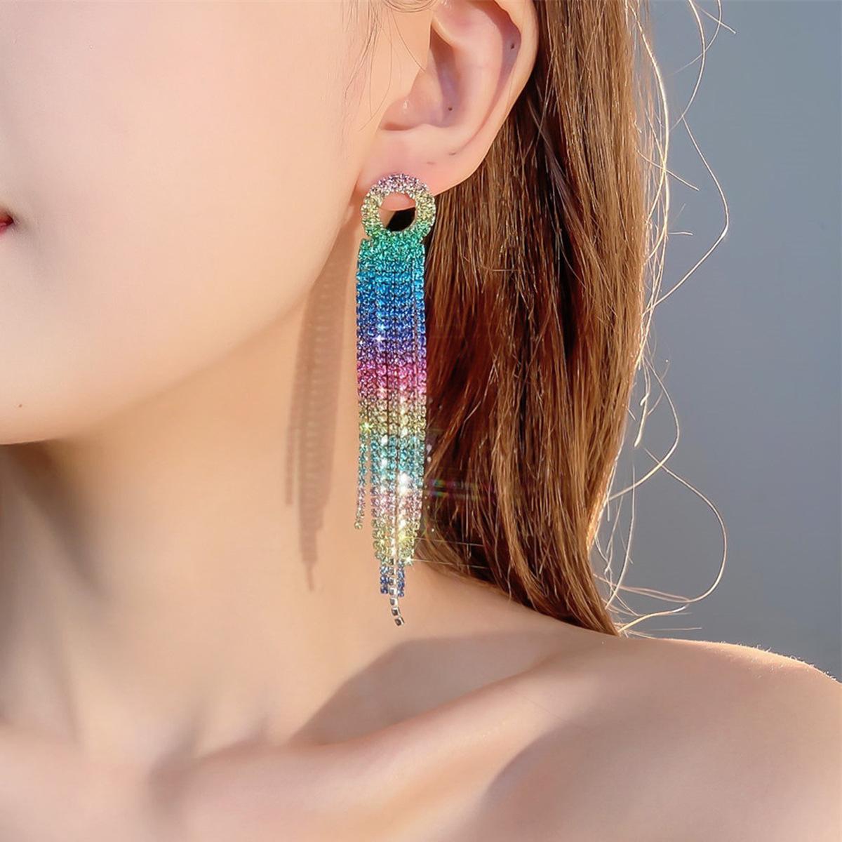 

Темпераментные длинные серьги со стразами и кисточками, свадебные, сценические, разноцветные, градиентные серьги, женские серьги, 1 пара