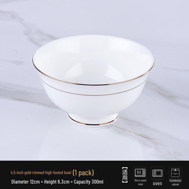 Ceramic Gold Rim Bone China Tableware Set - Microwave Safe Deep Plate, Rice Bowl for Home and Hotel Use.