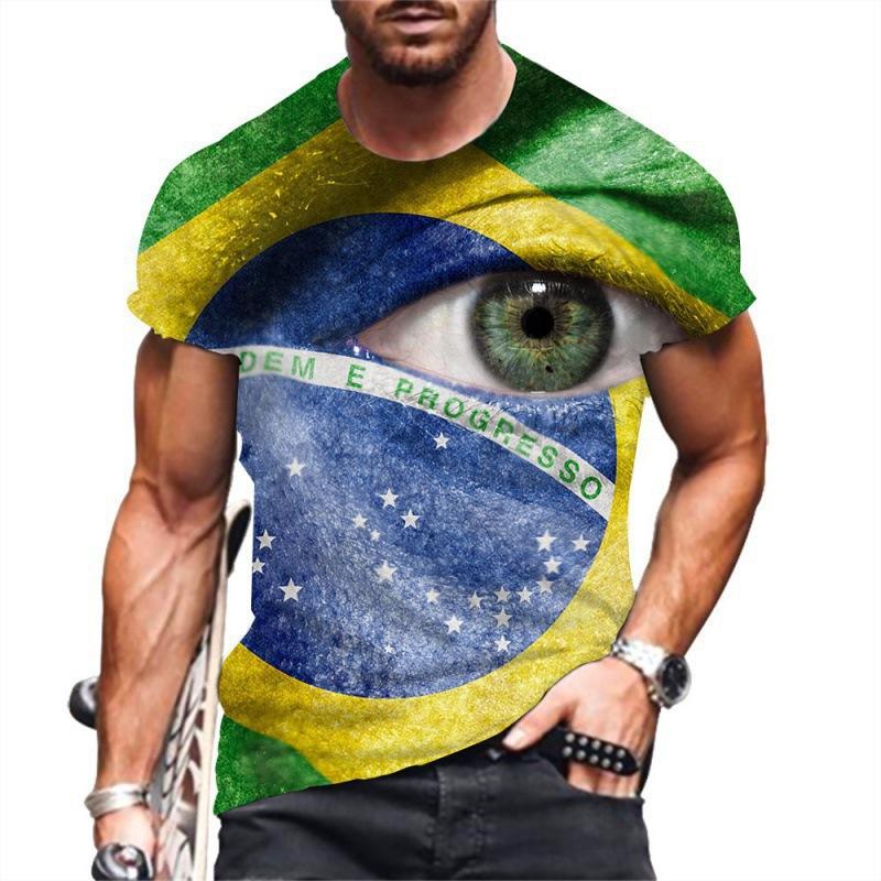 Summer Round Neck 3D Brazilian Flag Football Jersey Print Top Fashionable Casual Short Sleeved Men's T-shirts