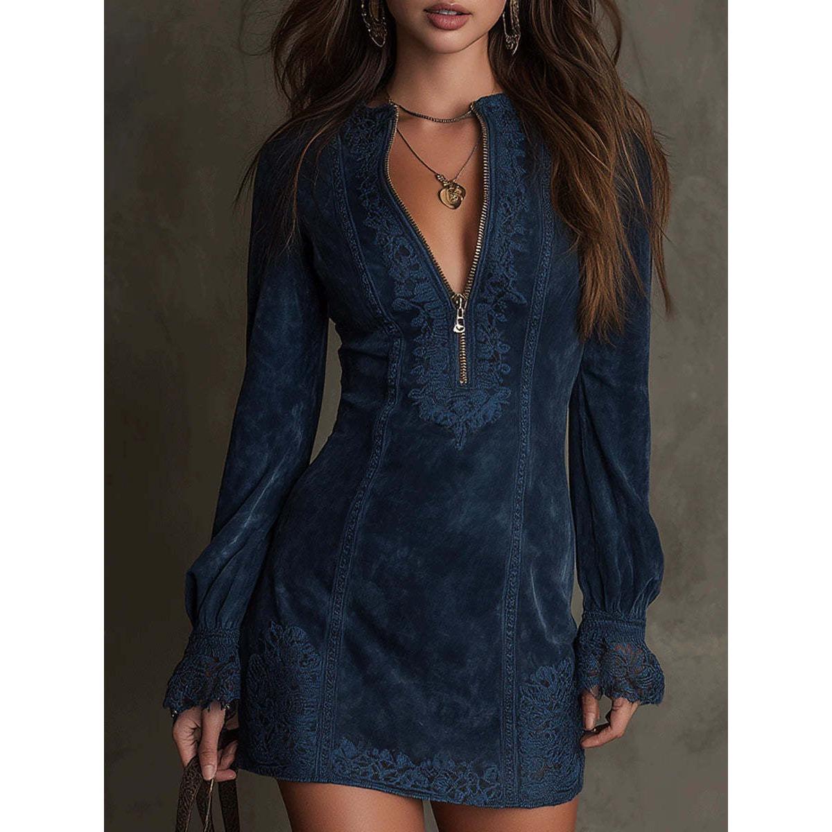 Neues Midi-Spitzenkleid mit langen Ärmeln und Reißverschluss S dunkelblaue