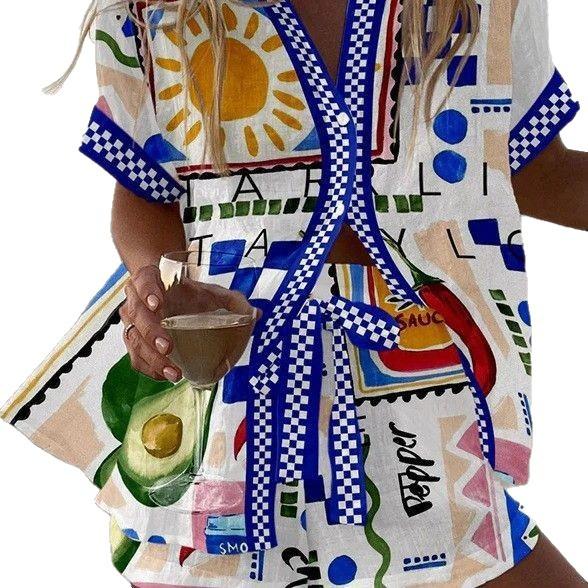 Linglong hemp European and American personality bright digital printing new casual summer top women's suit two-piece set