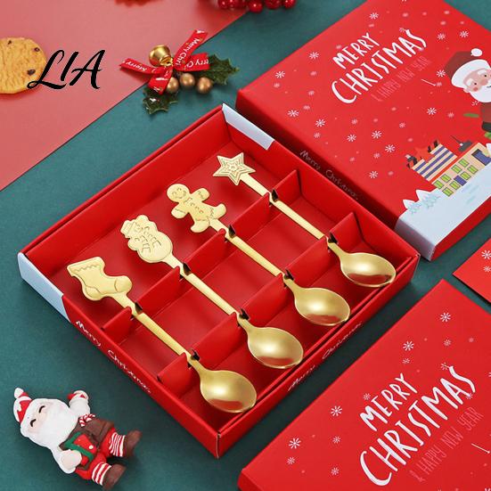 Home Afternoon Tea Accessories 4Pcs Christmas Stainless Steel Spoons Set, Gingerbread Man Tree Coffee Flatware Set Stirring Teaspoons, Dessert