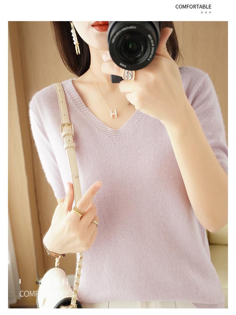 Women's V-Neck Knitted Short-Sleeve Pullover Sweater - Stylish Loose Fit Top