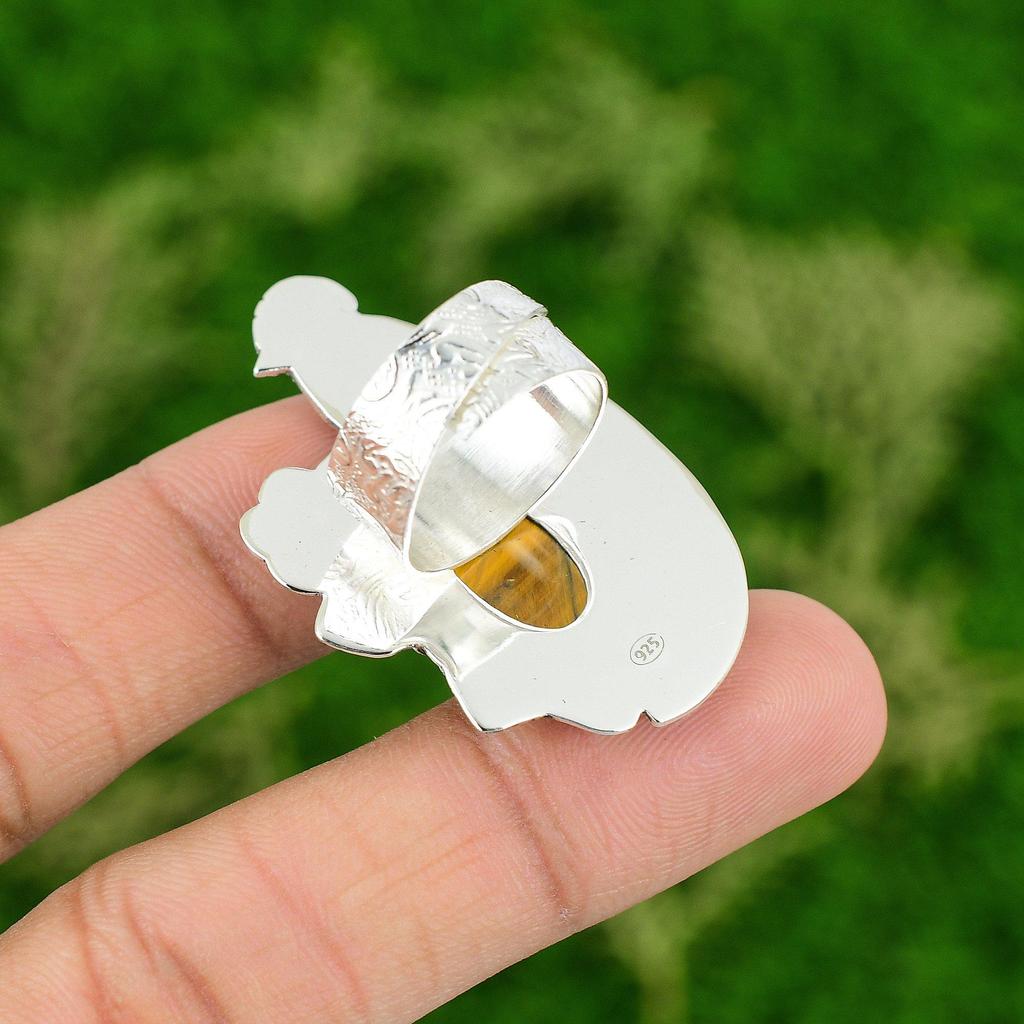 Natural Tiger'S Eye Gemstone 925 Silver Stackable Bird Adjustable Ring For Girls