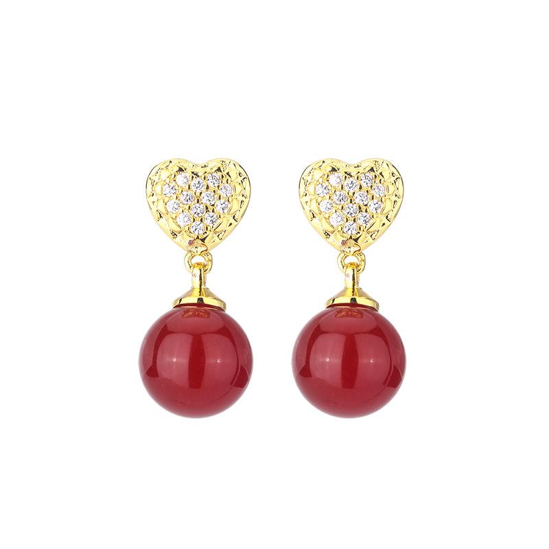 Autumn and winter new simple retro stud earrings S925 silver needle green chalcedony beads light luxury high-end earrings women's