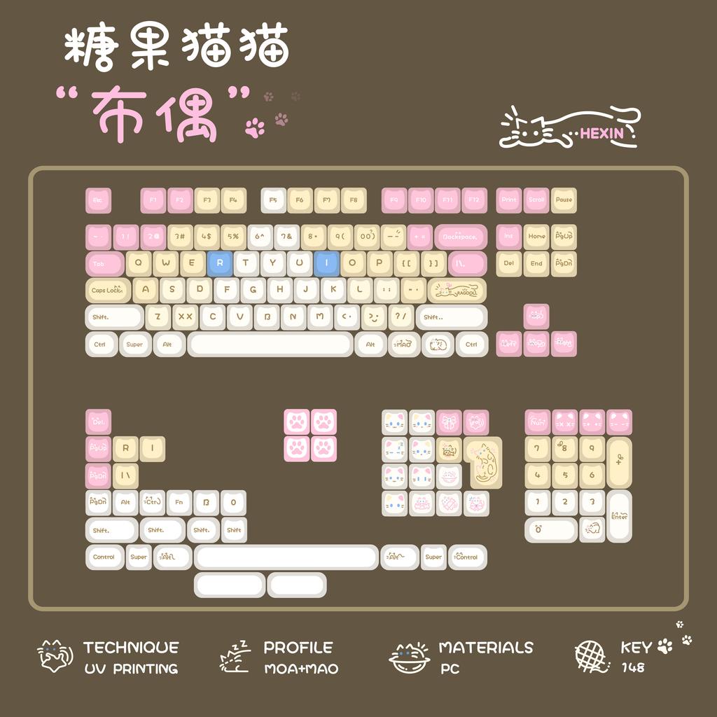 Cute Kitten Theme Keycap Set 148Keys PC Custom Multiple Colors Keyboard Cap MOA Profile KeyCap for Mechanical Keyboard Accessory