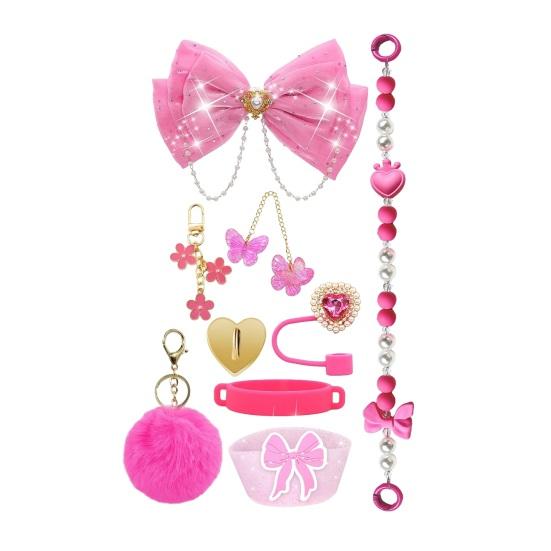 1 Set Tassenhülle Funkelnde Strasssteine Schleife Plüschball Dekoration Kunstperlen Lanyard Tassenzubehör mit Silikonboden-Schutz