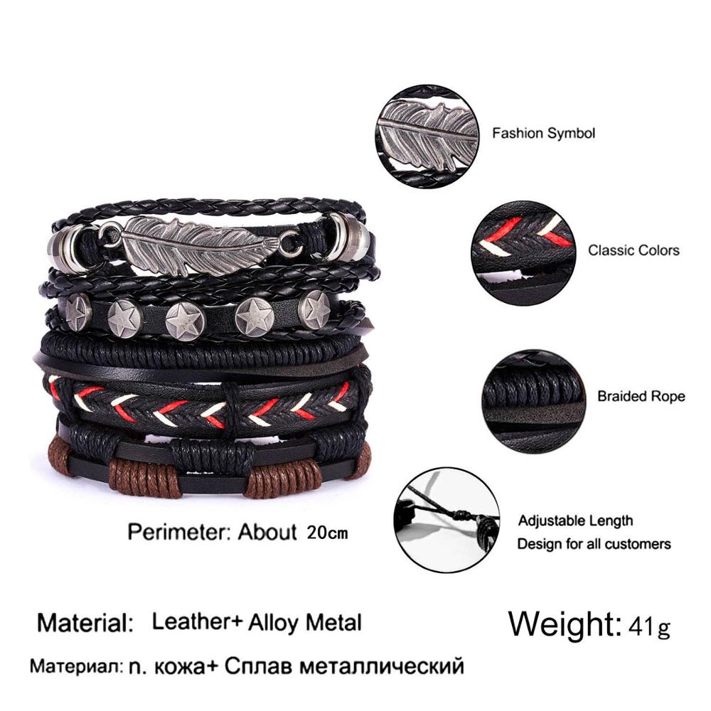 Vintage Multilayer Braided Leather Bracelet For Men Star Leaf Owl Handmade Rope Wrap Bangle Male Gift Jewelry