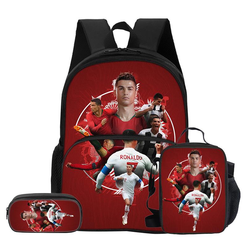 3 Pcs Set with Front Pocket Backpack Ronaldo with Thermal Insulated Lunch Tote Purse CR Pencil Case Football Star Rucksack