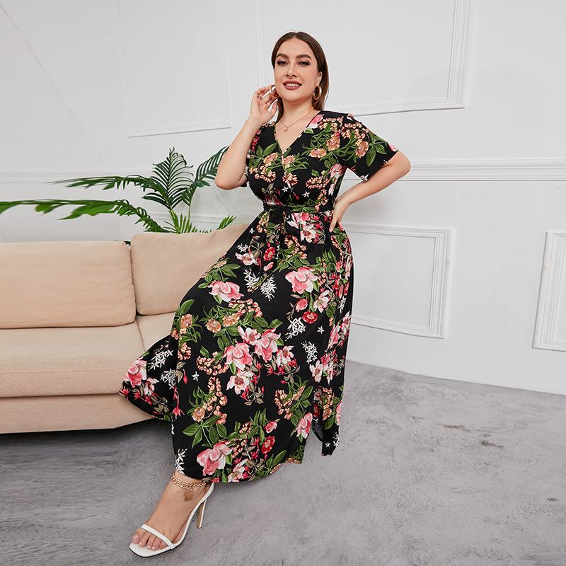 Summer Women's Dress Short Sleeve High Waist V-neck MIDI Dress Plus Size Temperament Printed Sexy Dress