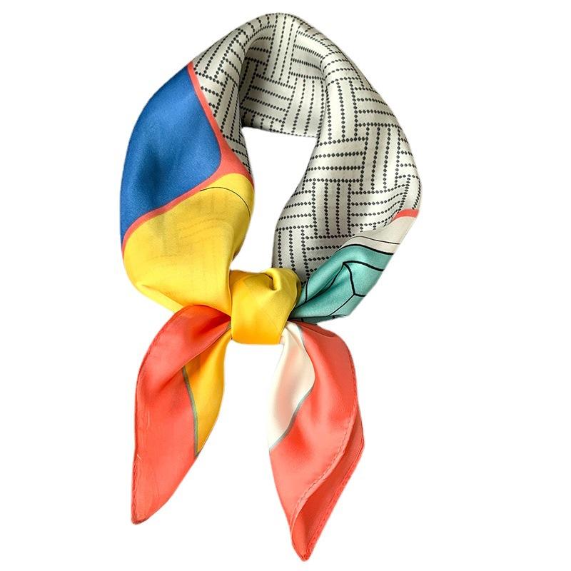 New Summer Korean Version Color-blocking Emulated Silk Small Square Scarf for Women's Seaside Sun Protection Scarf Fashionable Scarf Big Shawl