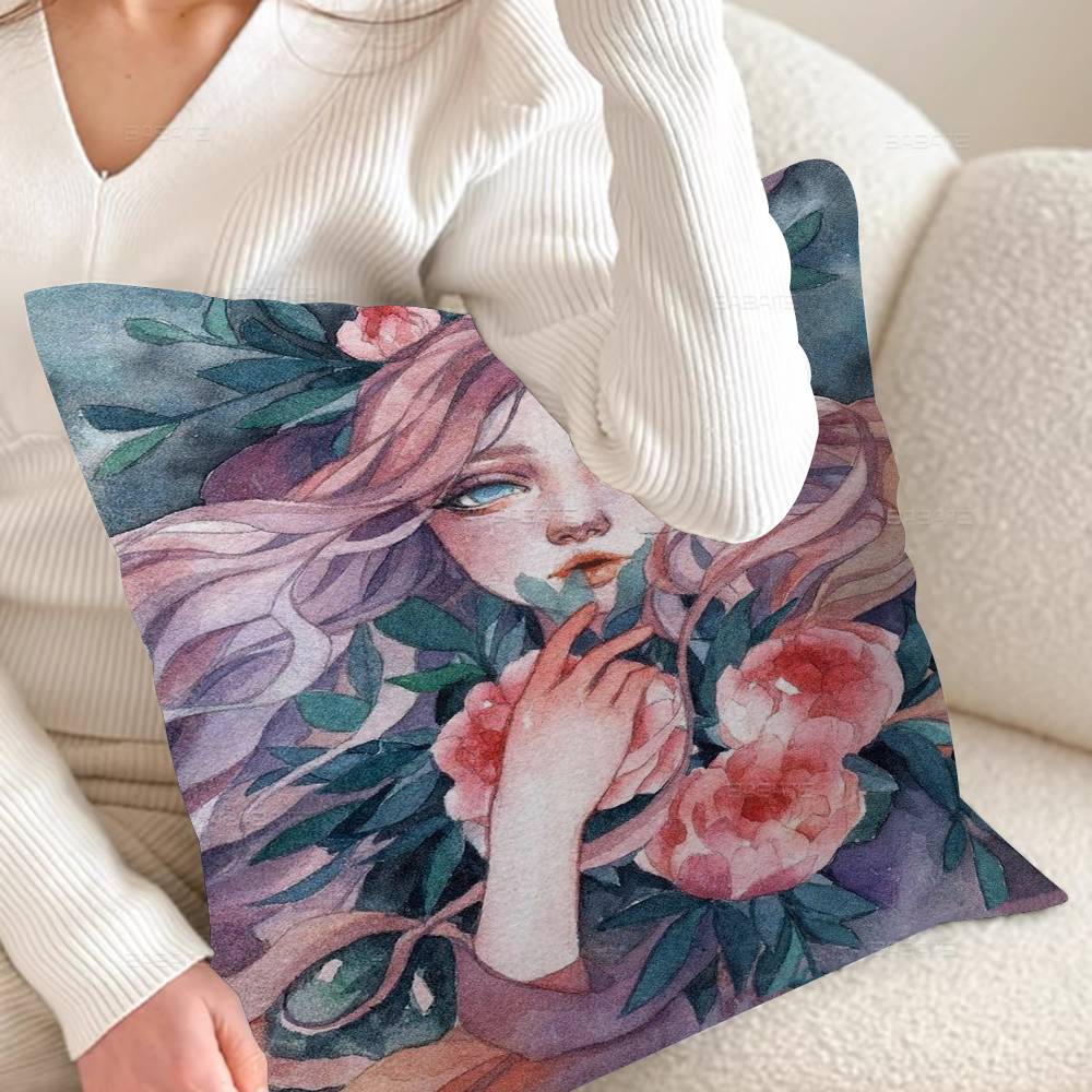 Cartoon Girl Flower Paint Pillow Anime Pillow Sofa Bed Head Pillow Cover Cushion Cover 45x45 Cm Fashion