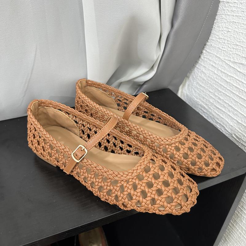 Fashion SUOJIALUN 2025 Summer New Brand Women Flat Shoes Fashion Weave Hollow Slip On Mary Jane Ballet Ladies Flats Soft Dress Single S