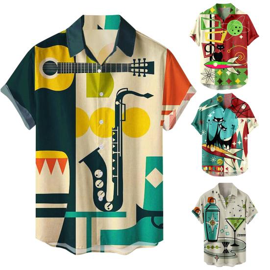 Men Beach Shirt 3D Cartoon Print Color Matching Short Sleeves Single-breasted Cardigan Beachwear Loose Turn-down Collar Summer Vacation Shirt